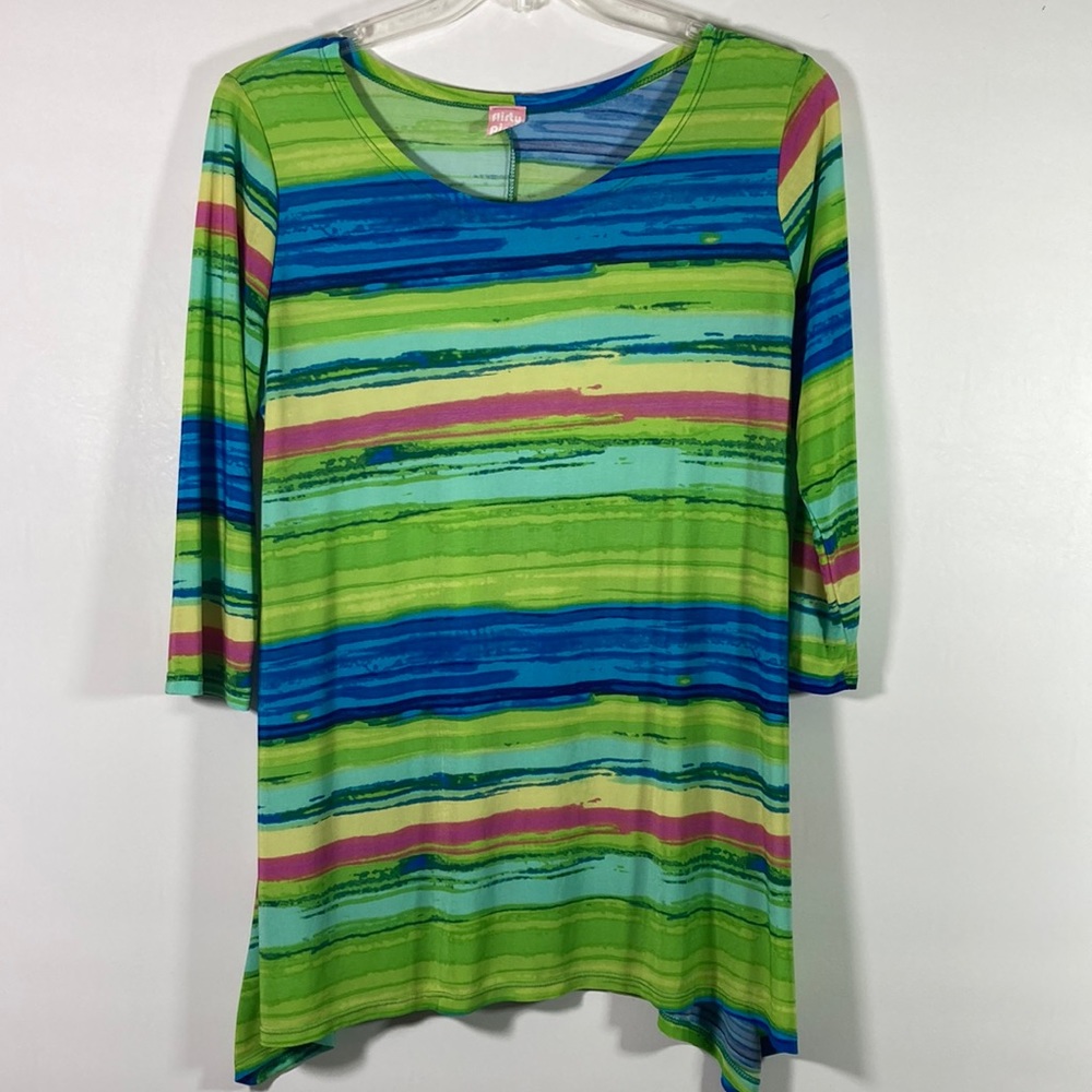 Flirty Pink Bright Color Stripe Loose Fit Three Quarter Sleeve Top